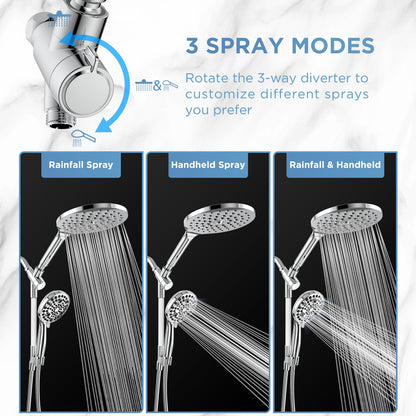MakeFit Rain Shower Heads System, 3-Spray Dual Shower Head with Solid Brass Adjustable Bar, Rainfall Showerhead with 10 Settings High Pressure Handheld Spray, Buit-in Power Wash Mode (Chrome)