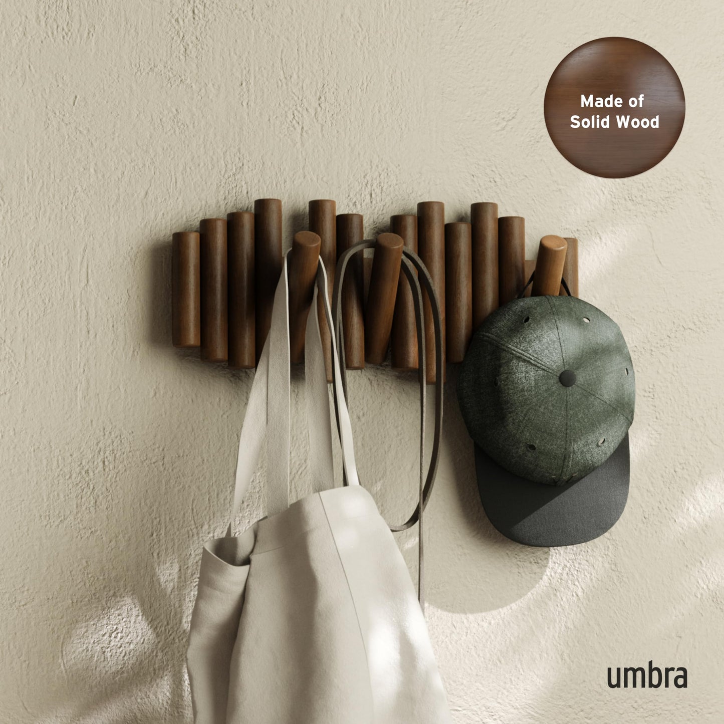 Umbra Picket Wall-Mounted Coat Rack Rail Hook with 5 Retractable Wood Pegs – Modern, Space-Saving Storage Organizer, Walnut Umbra