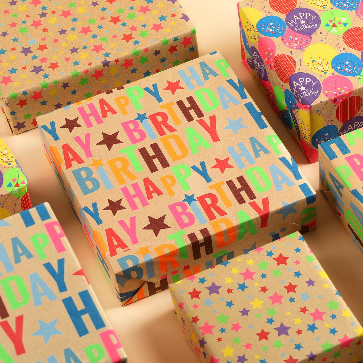 BIOBROWN Kraft Birthday Wrapping Paper 3 Rolls, Colorful Balloons & Star 🍁 All In One Marketplace Canada