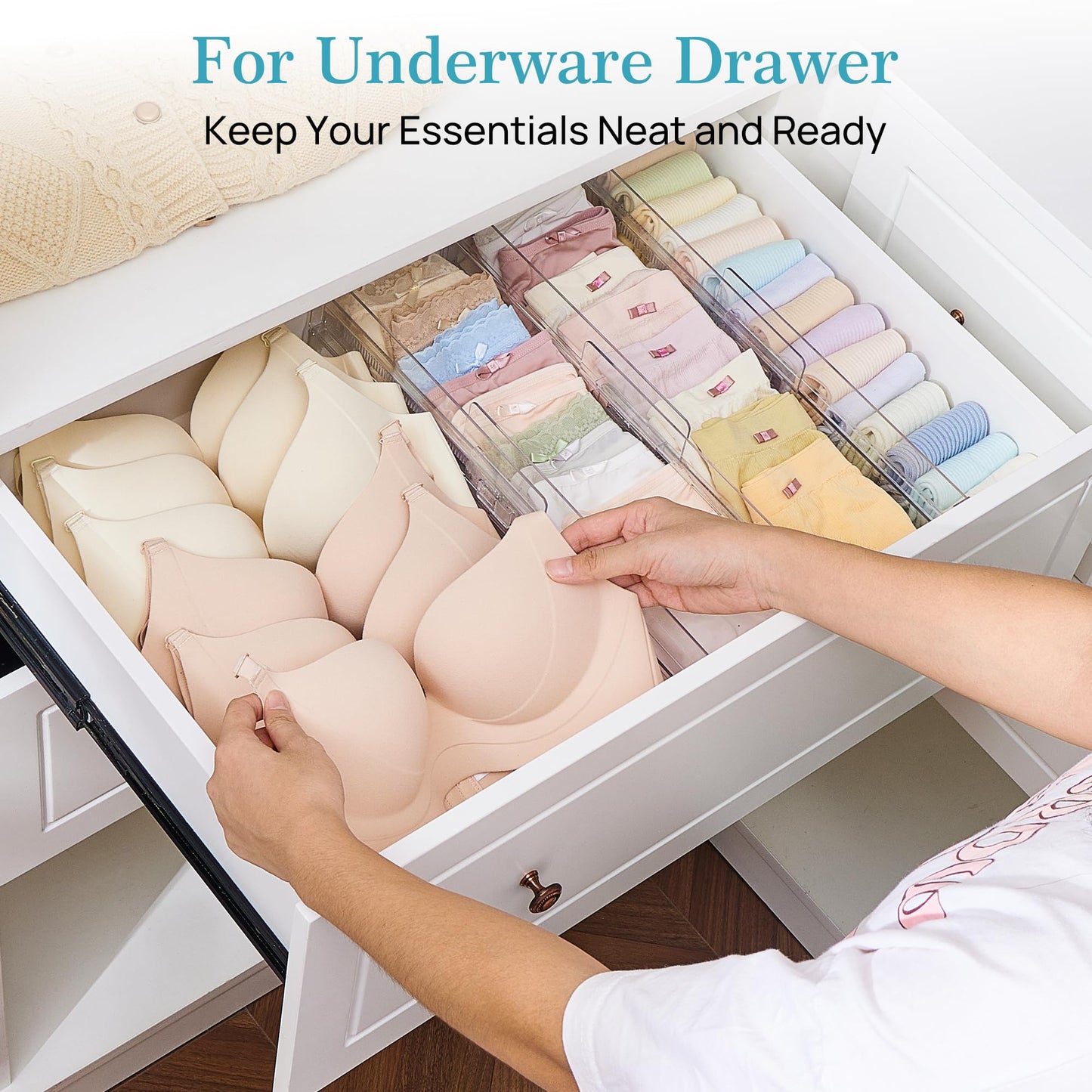 Vtopmart 8 Pack Drawer Dividers for Clothes, Adjustable 4" High Expandable from 10.2"-16.5" Dresser Drawer Organizer, Clear Plastic Dresser Organizer for Baby Clothes, Underwear, Socks - Available at All In One Marketplace Canada