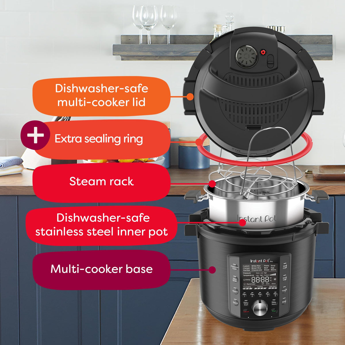 Autocuiseur 10-en-1 Instant Pot Pro (8 pintes) : autocuiseur, mijoteuse, cuiseur à riz/céréales, cuiseur vapeur, sauteuse, appareil de cuisson sous vide, yaourtière, stérilisateur et chauffe-plat, application incluse