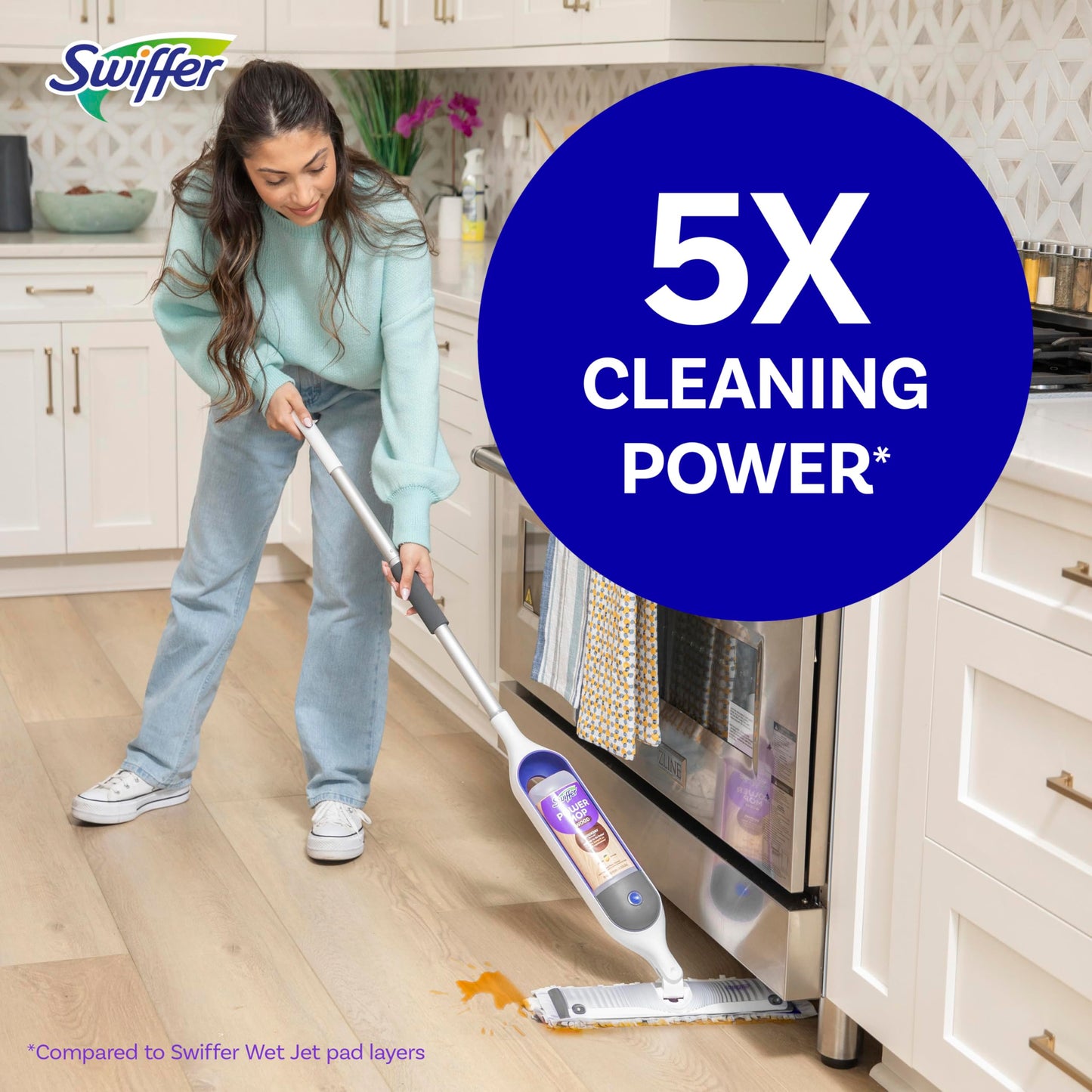 Swiffer Power Mop Wood, Hardwood Floor Cleaner for Mopping Home, All Purpose Multi-Surface Cleaning Set Includes PowerMop Wood, 2 Pads, 1 Quickdry Lemon Solution, & 2 Batteries, 5 Count Swiffer