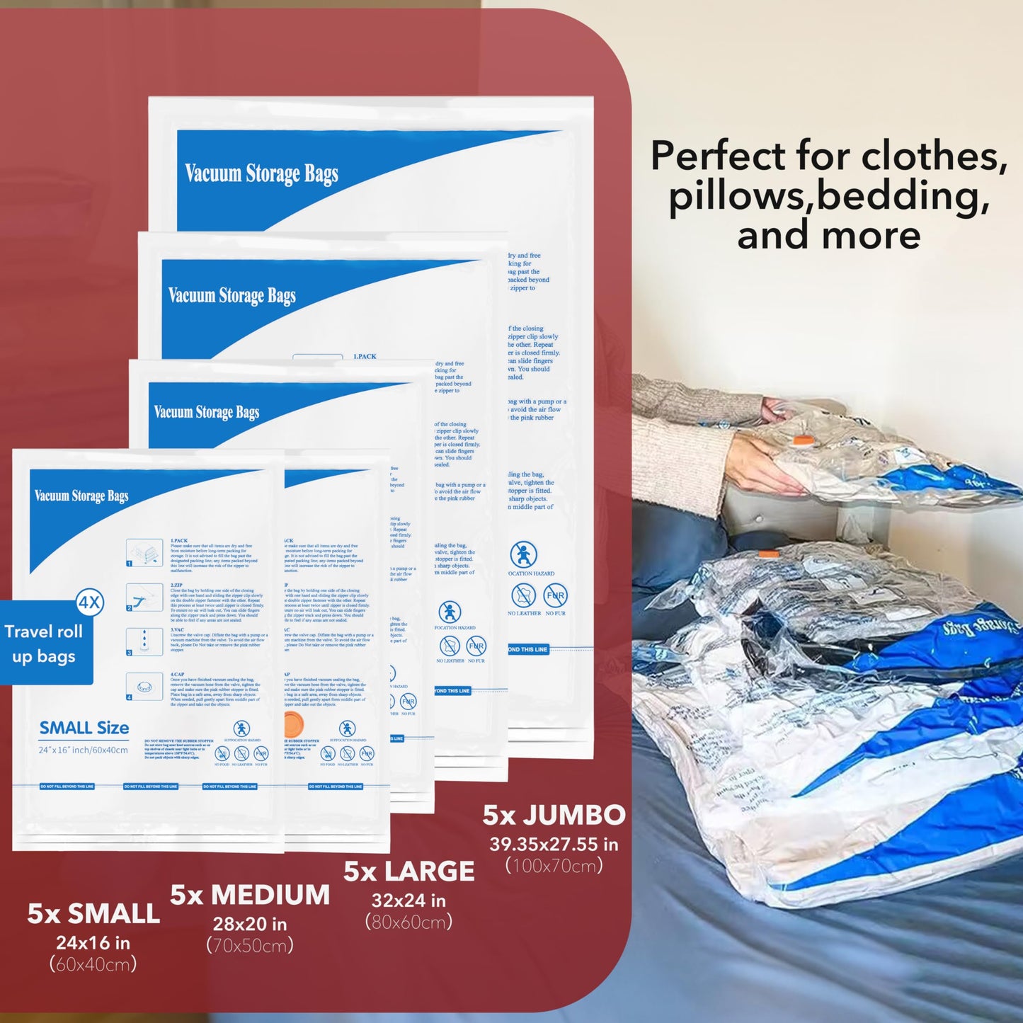 24 Pack Vacuum Storage Bags with Electric Pump (5 Jumbo/5 Large/5 Medium/5 Small/4 Roll), Plastic Packaging Bags,Space Saver Sealer Bags for Clothes, Pillows, Comforters, Blankets, Bedding