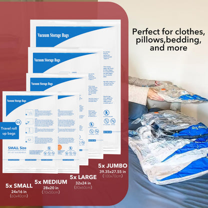 24 Pack Vacuum Storage Bags with Electric Pump (5 Jumbo/5 Large/5 Medium/5 Small/4 Roll), Plastic Packaging Bags,Space Saver Sealer Bags for Clothes, Pillows, Comforters, Blankets, Bedding