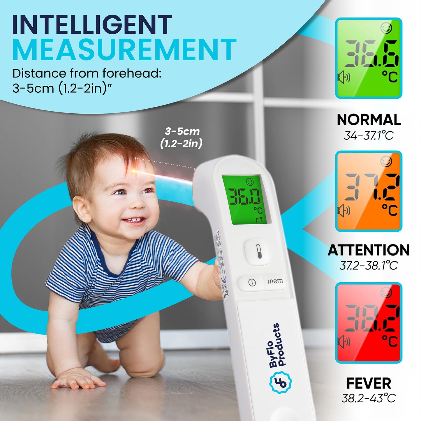 ByFloProducts, Thermometer Adult and Baby, Forehead Digital Thermometer, Infrared Thermometer, Memory and Fever Alarm, Easy to Use, 1 Second Reading Temperature