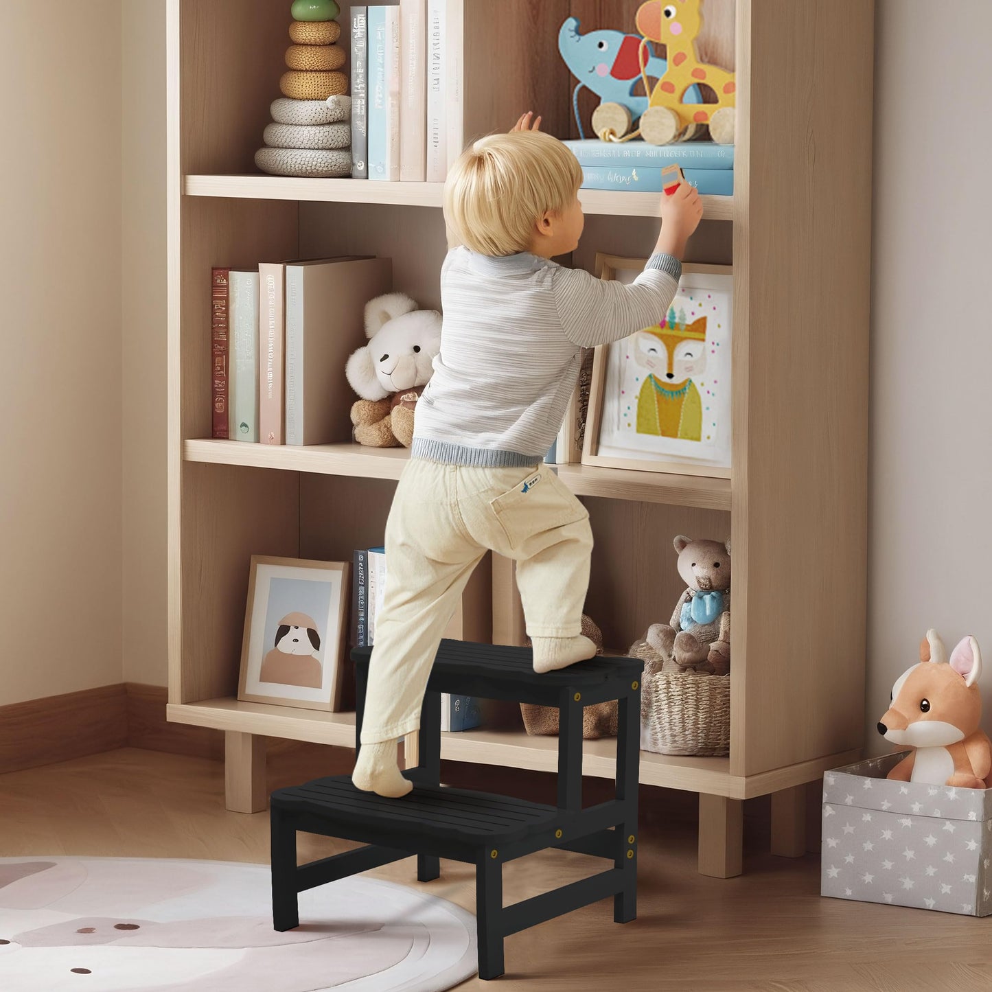 COSYLAND Bamboo Step Stool, Two Step Stools Toddler 300 lbs Capacity with Safety Non-Slip Pads, Bamboo Step Stool for Bathroom, Kitchen Dual Height Step Stools for Kids (Black) 🍁 All In One Marketplace Canada