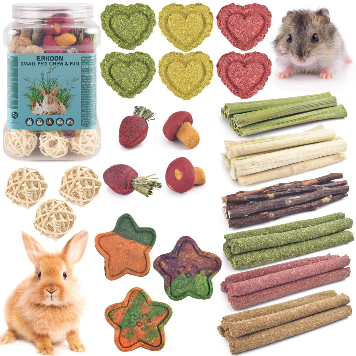ERKOON 53PCS Bunny Chew Toys, Rabbit Chew Toys for Teeth Grinding, Improve Dental Health, 100% Natural Apple Wood Timothy Grass Cake Treats for Rabbits Guinea Pigs Chinchillas Bunnies Hamsters 🍁 All In One Marketplace Canada