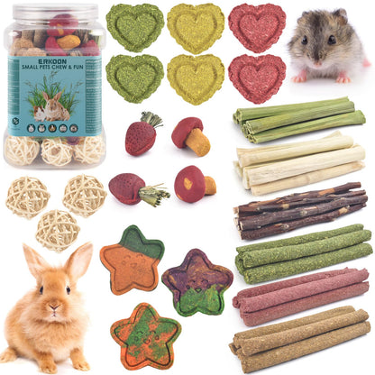 ERKOON 53PCS Bunny Chew Toys, Rabbit Chew Toys for Teeth Grinding, Improve Dental Health, 100% Natural Apple Wood Timothy Grass Cake Treats for Rabbits Guinea Pigs Chinchillas Bunnies Hamsters 🍁 All In One Marketplace Canada