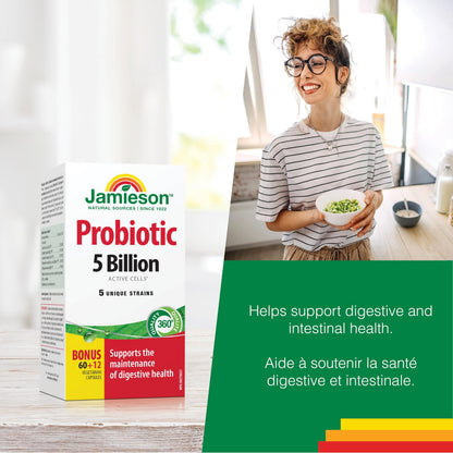 Jamieson Probiotic 5 Billion Active Cells, Bonus Size, Supports Digestive Health and Microbial Diversity. 5 Unique Strains, Including Lactobacillus and Bifidobacterium, Non-GMO, Gluten-Free, 72 Vegetarian capsules - Available at All In One Marketplace Canada