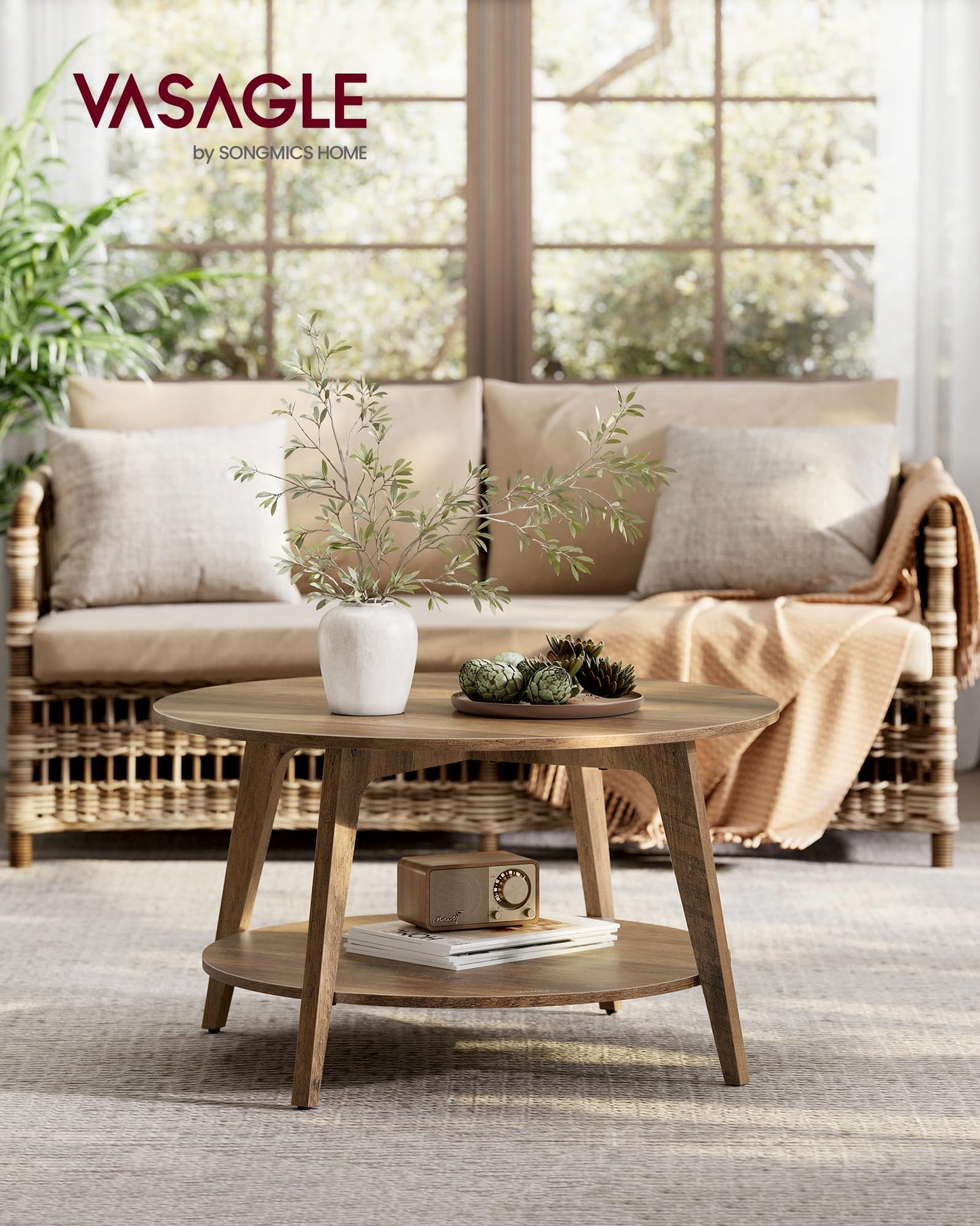 VASAGLE MAEZO Collection - Round Coffee Table, 2-Tier Center Table with Storage, Tapered Legs, Curved Transitions, 80 x 45 cm, Easy Assembly, for Living Room, Honey Brown ULCT243K41 VASAGLE