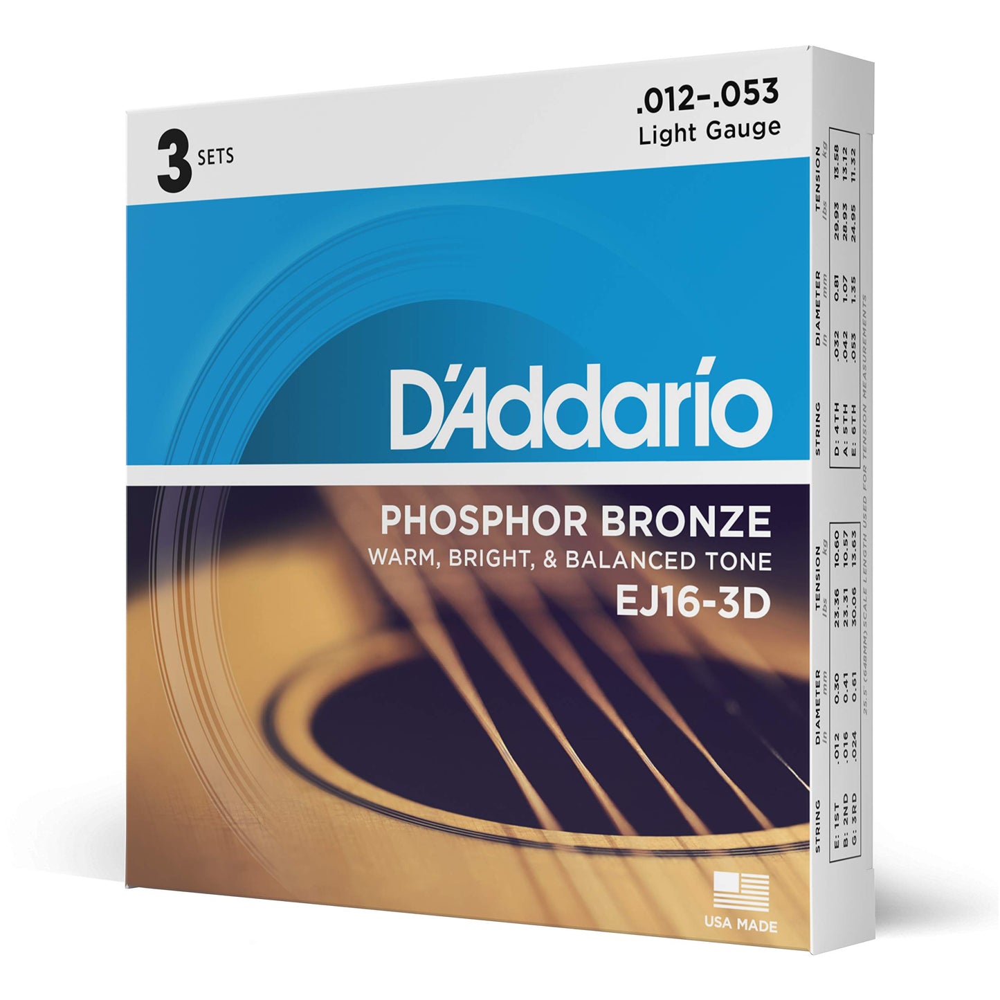 D'Addario EJ16 Cordes de Guitare Acoustique en Bronze Phosphoreux, Lot de 3 - Tirant Léger 12-53