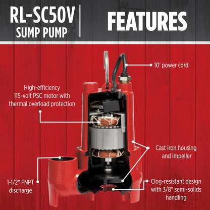 Red Lion RL-SC50V 115-Volt, 1/2 HP, 4300 GPH Cast Iron Sump Pump with Vertical Switch, 10-Ft. Cord, Red, 14942747 Red Lion