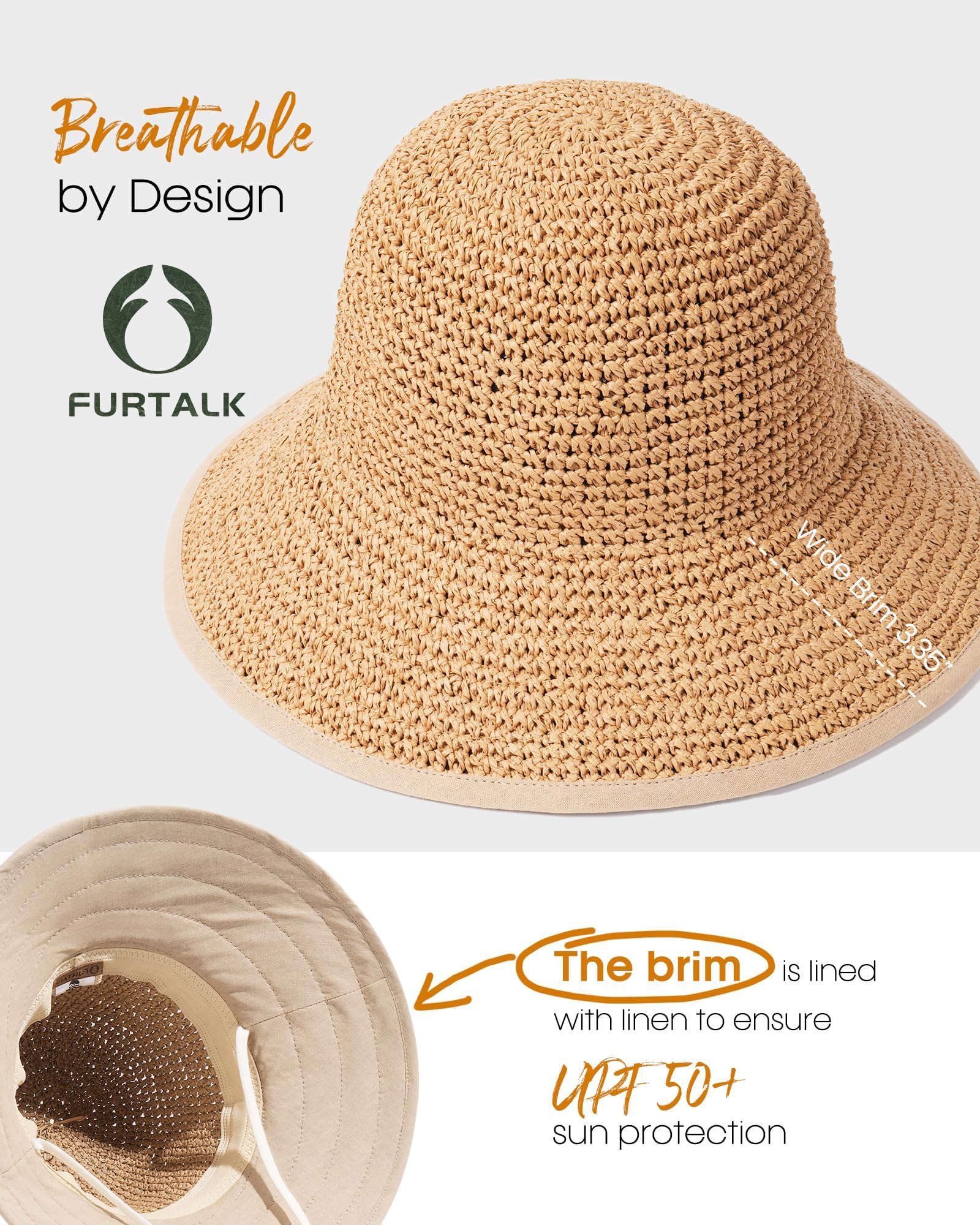 FURTALK Sun Hats for Women Handmade Summer Beach Hat Wide Brim Straw Hat Foldable Packable UPF 50 Crochet Travel Bucket Hat Kahaki - Available at All In One Marketplace Canada