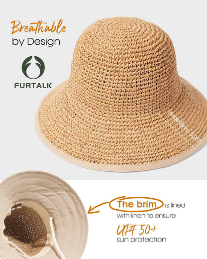 FURTALK Sun Hats for Women Handmade Summer Beach Hat Wide Brim Straw Hat Foldable Packable UPF 50 Crochet Travel Bucket Hat Kahaki - Available at All In One Marketplace Canada
