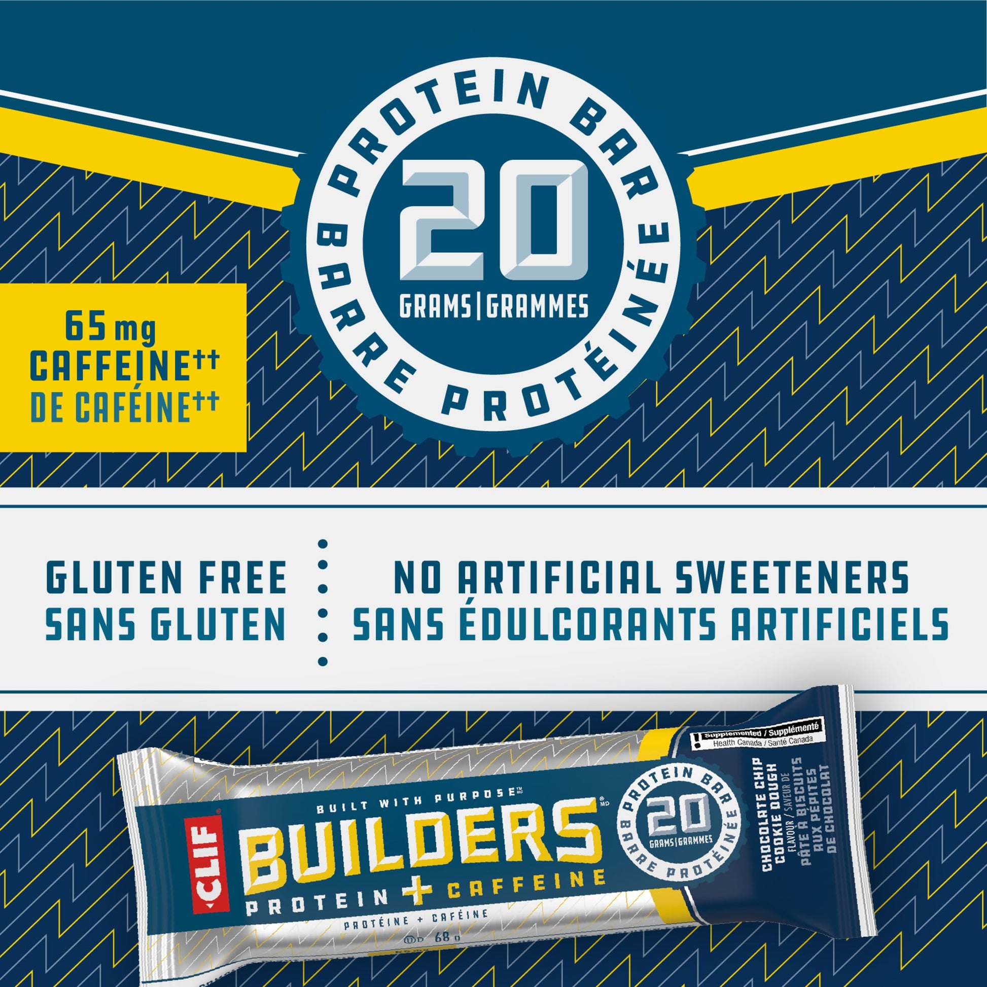CLIF BUILDERS Protein Bars – Chocolate Chip Cookie Dough, 20g Plant Protein, Gluten Free, Non-GMO, Made in Canada, 68g Bar (Pack of 12)