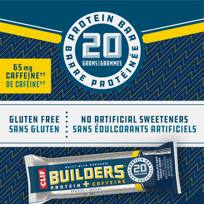 CLIF BUILDERS Protein Bars – Chocolate Chip Cookie Dough, 20g Plant Protein, Gluten Free, Non-GMO, Made in Canada, 68g Bar (Pack of 12)