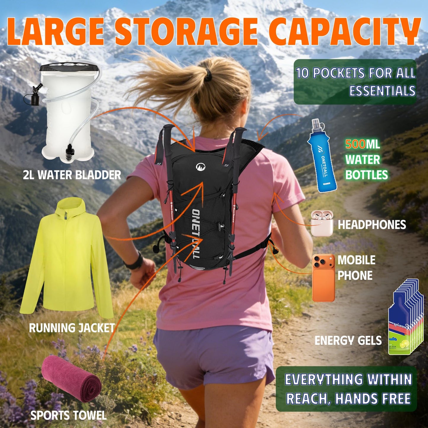 ONETOALL Running Vest for Women & Men, Hydration Backpack 6L - 1x 500ml Flask Included, 16 Reflective Points, Emergency Whistle, Lightweight Breathable for Trail Running, Hiking (Black) - Available at All In One Marketplace Canada