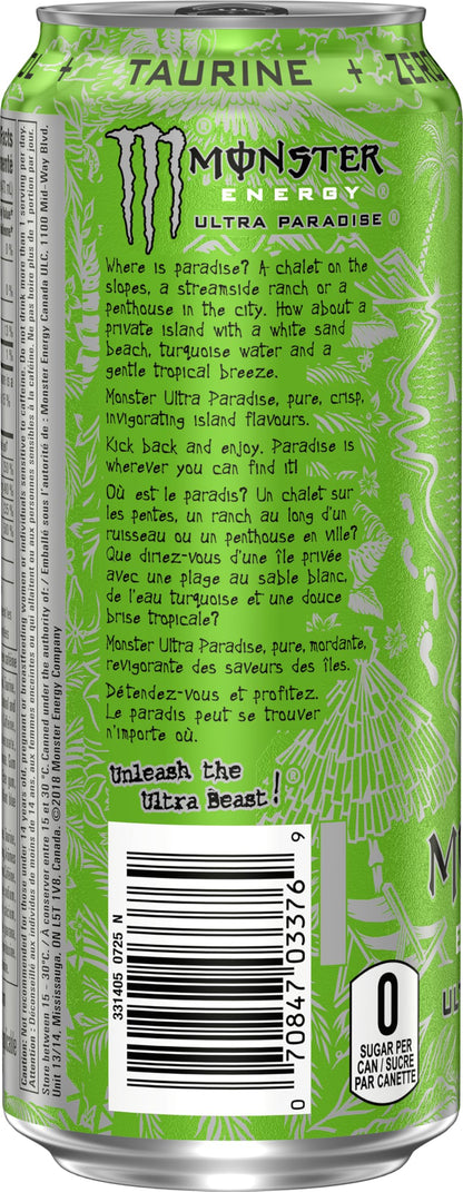 MONSTER ENERGY, Ultra Paradise, 473 mL Cans (12 Pack) – Zero Sugar Energy Drink