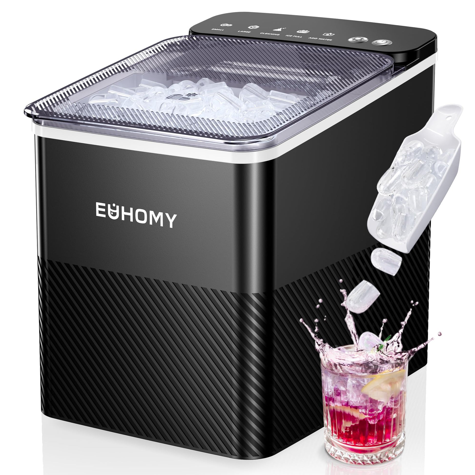 EUHOMY Countertop Ice Maker, 26.5 lbs/24H Portable Ice Machine with Ice Scoop & Basket, Fast 6-10 Mins Ice Making, 2 Ice Sizes, Ideal for Home, Kitchen, RV, Party EUHOMY