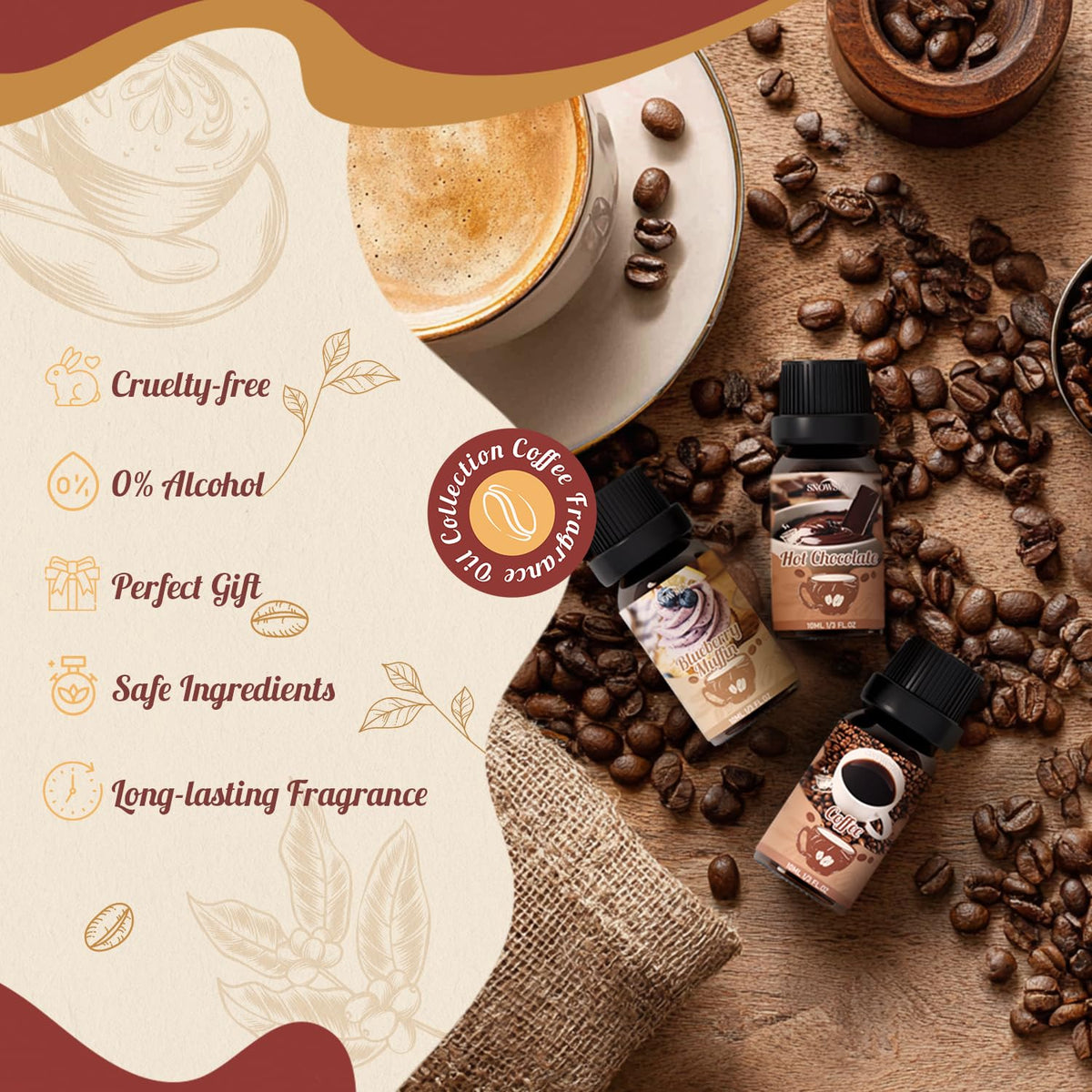 SNOWSEN Coffee Essential Oils Set—Blueberry Muffin, Café Mocha, Hot Chocolate, Cheese Cake, Coffee, Warm Vanilla Sugar Essential Oils for Diffuser, Candle & Soap Making, Diffuser Oils Scents 🍁 All In One Marketplace Canada