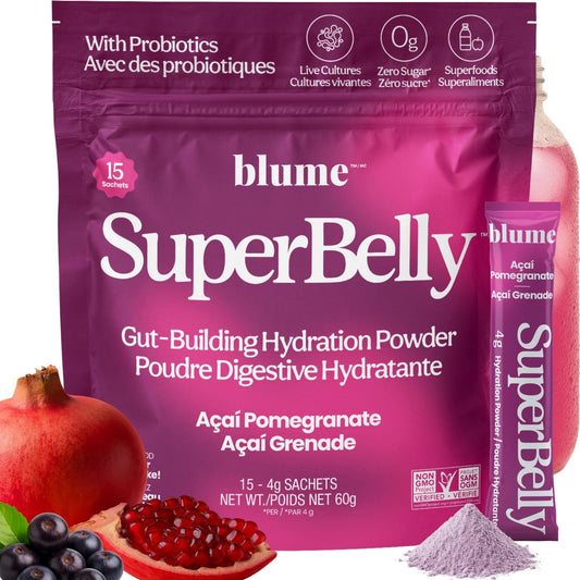 Blume SuperBelly Gut Health + Hydration, Daily Sugar Free Probiotics, Inulin Fiber, and Hydrating Minerals Powder Packets for Digestion Support - Açai Pomegranate, 15 Sticks