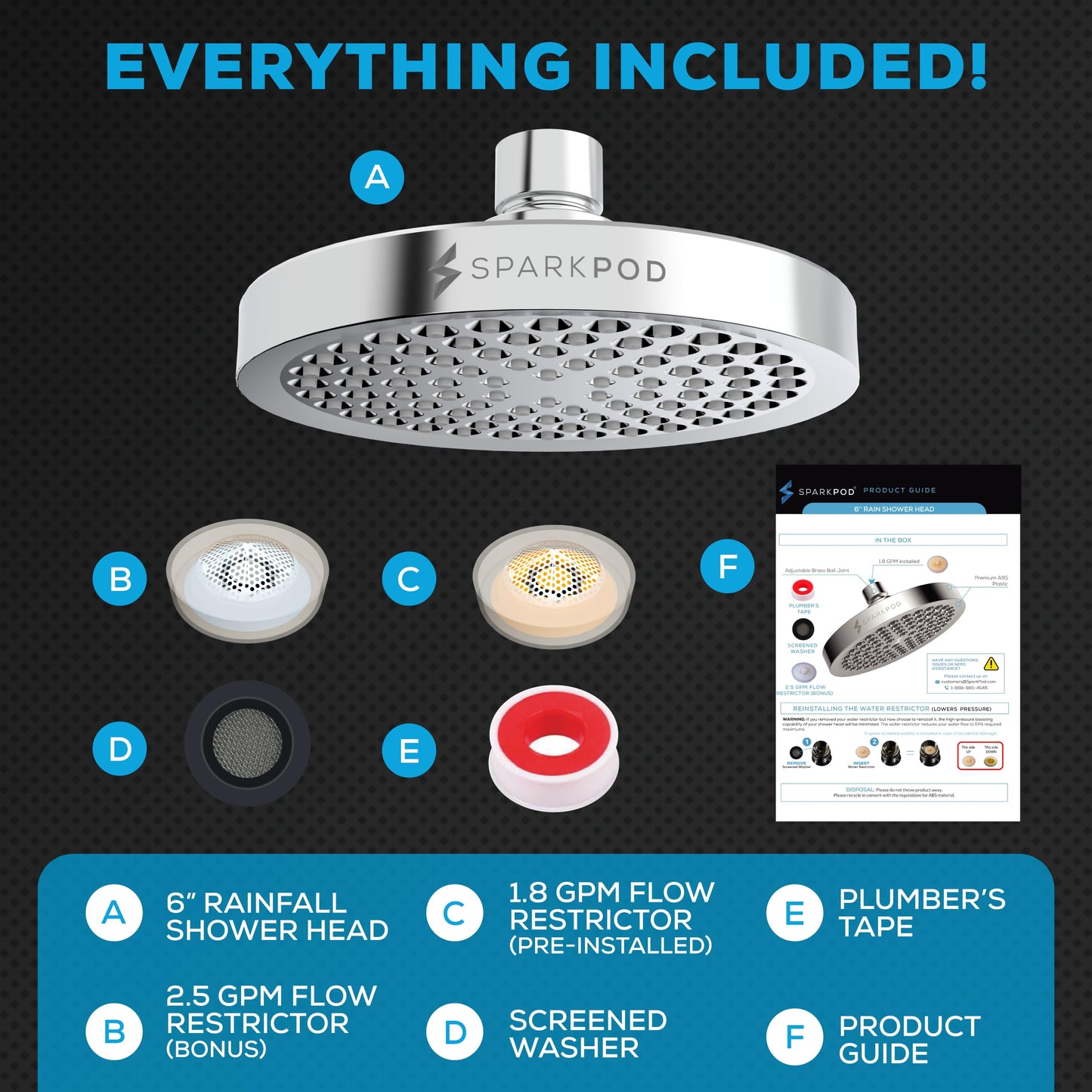 SparkPod Shower Head - High Pressure Rain - Premium Quality Luxury Design - 1-Min Install - Easy Clean Adjustable Replacement for Your Bathroom Shower Heads (Luxury Polished Chrome, 6 Inch Round) - Available at All In One Marketplace Canada