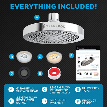 SparkPod Shower Head - High Pressure Rain - Premium Quality Luxury Design - 1-Min Install - Easy Clean Adjustable Replacement for Your Bathroom Shower Heads (Luxury Polished Chrome, 6 Inch Round) - Available at All In One Marketplace Canada