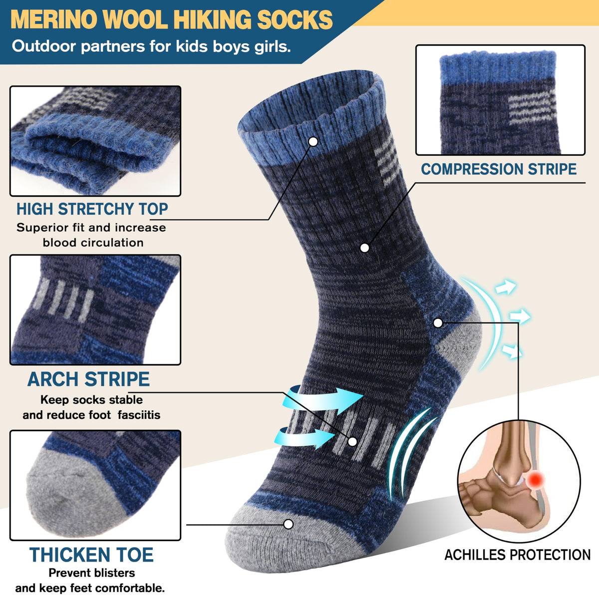 Kids Merino Wool Hiking Socks Boys Toddler Thermal Warm Thick Winter Cushioned Gifts Socks 6 Pairs Stocking Stuffers(Mixed,8-12 Years) 🍁 All In One Marketplace Canada