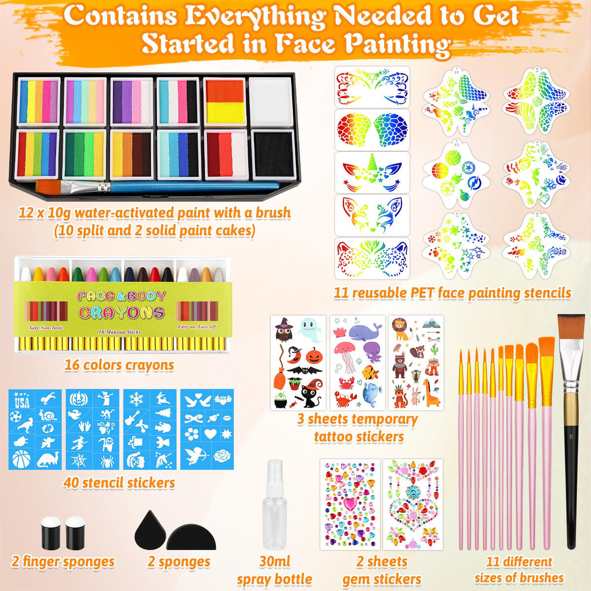 Face Painting Kit Professional for Kids Adults,12 x 10g Split Cake Face Paint Palette Water Activated Face Paint with Stencil Brush Sponge, Rainbow Facepaint Makeup Kit for Halloween Party Body Paint 🍁 All In One Marketplace Canada