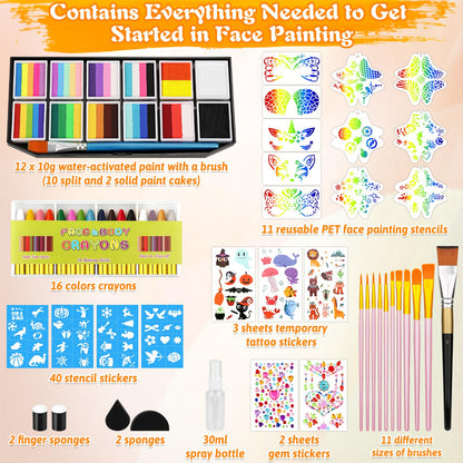 Face Painting Kit Professional for Kids Adults,12 x 10g Split Cake Face Paint Palette Water Activated Face Paint with Stencil Brush Sponge, Rainbow Facepaint Makeup Kit for Halloween Party Body Paint 🍁 All In One Marketplace Canada