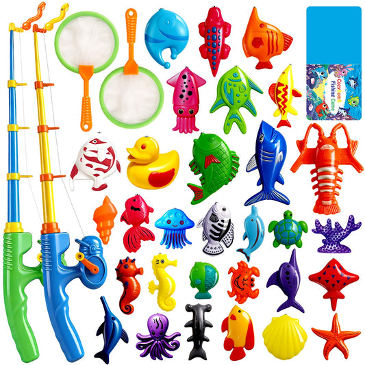 CozyBomB Magnetic Fishing Pool Toys Game for Kids - Water Table Bath-tub Kiddie Party Toy with Pole Rod Net Plastic Floating Fish Toddler Color Ocean Sea Animals Birthday Gift Age 3 4 5 6 Year Old