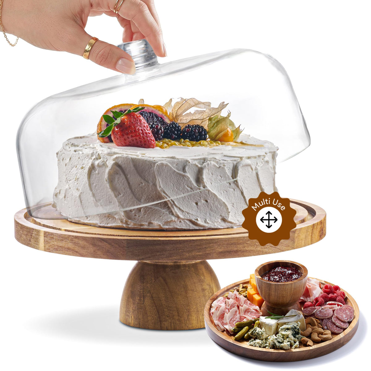 Homesphere Acacia Wood Cake Stand with Lid - Cake Stand with Dome,12in Round Cake Holder, 2-in-1 Dessert Table Display Set & Charcuterie Board for Cheese, Chips & Dips, Fruit Platter, Large Acrylic 🍁 All In One Marketplace Canada