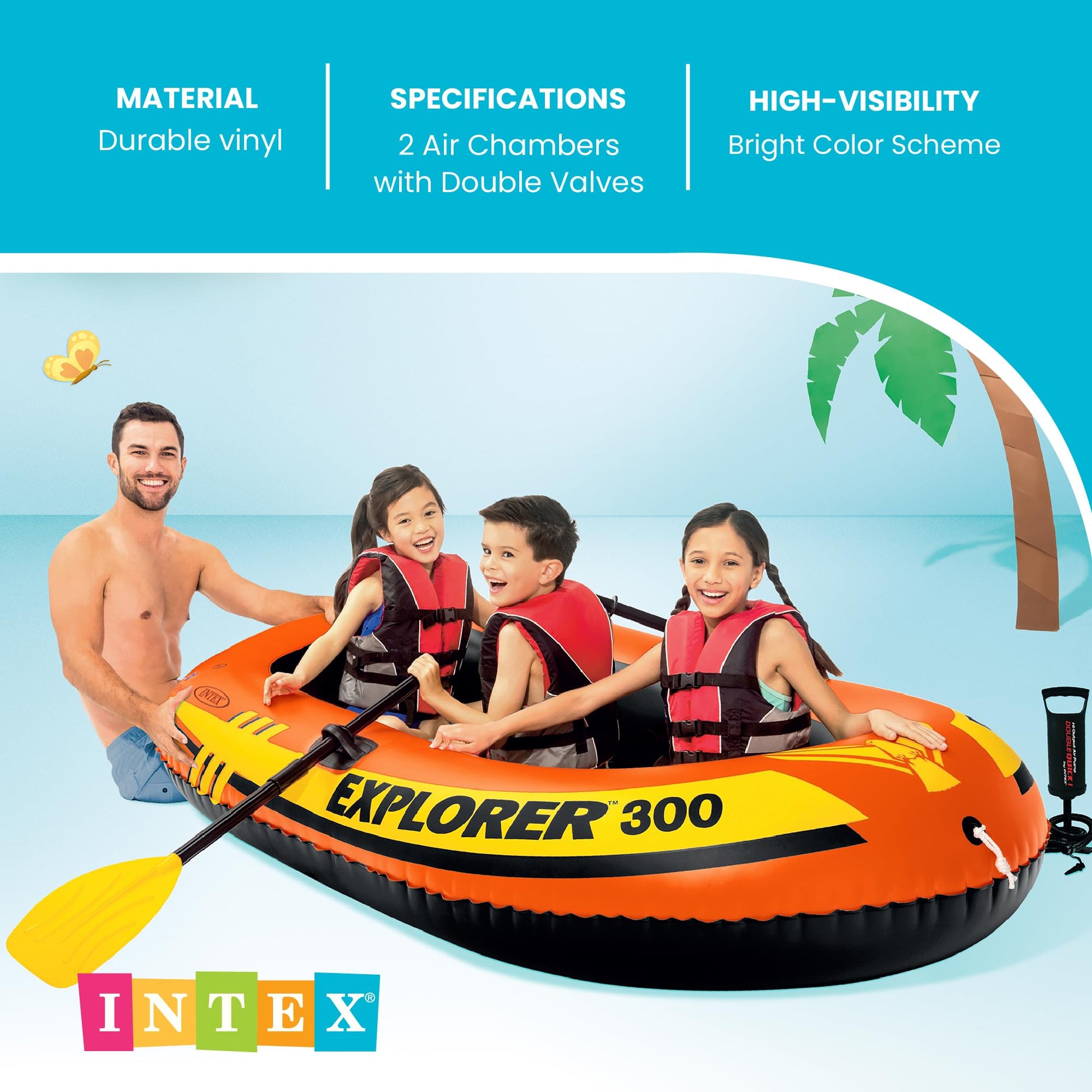 INTEX 58332EP Explorer 300 Inflatable Boat Set: Includes Deluxe Boat Oars and Mini Hand Pump – Dual Air Chambers – Grab Rope – 3-Person – 410lb Weight Capacity Intex
