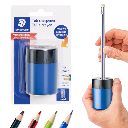 STAEDTLER pencil sharpener, premium quality sharpener with screw-on lid, prevents accidental openings, compact size for pencil case and work-station, 511 63BK (Pack of 1) , Assorted colors.