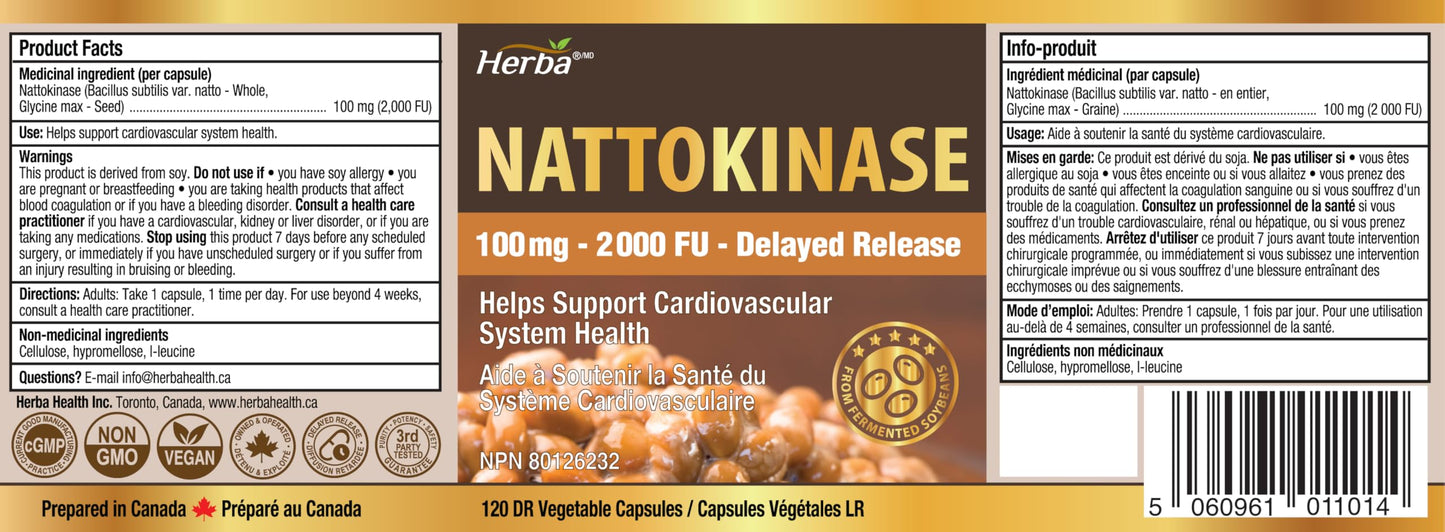 Herba Nattokinase Supplement 2000 FU – 100mg, 120 Delayed Release Capsules | Helps to Support Heart Health | Made in Canada - Available at All In One Marketplace Canada