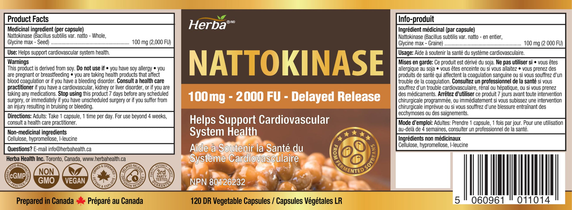 Herba Nattokinase Supplement 2000 FU – 100mg, 120 Delayed Release Capsules | Helps to Support Heart Health | Made in Canada - Available at All In One Marketplace Canada