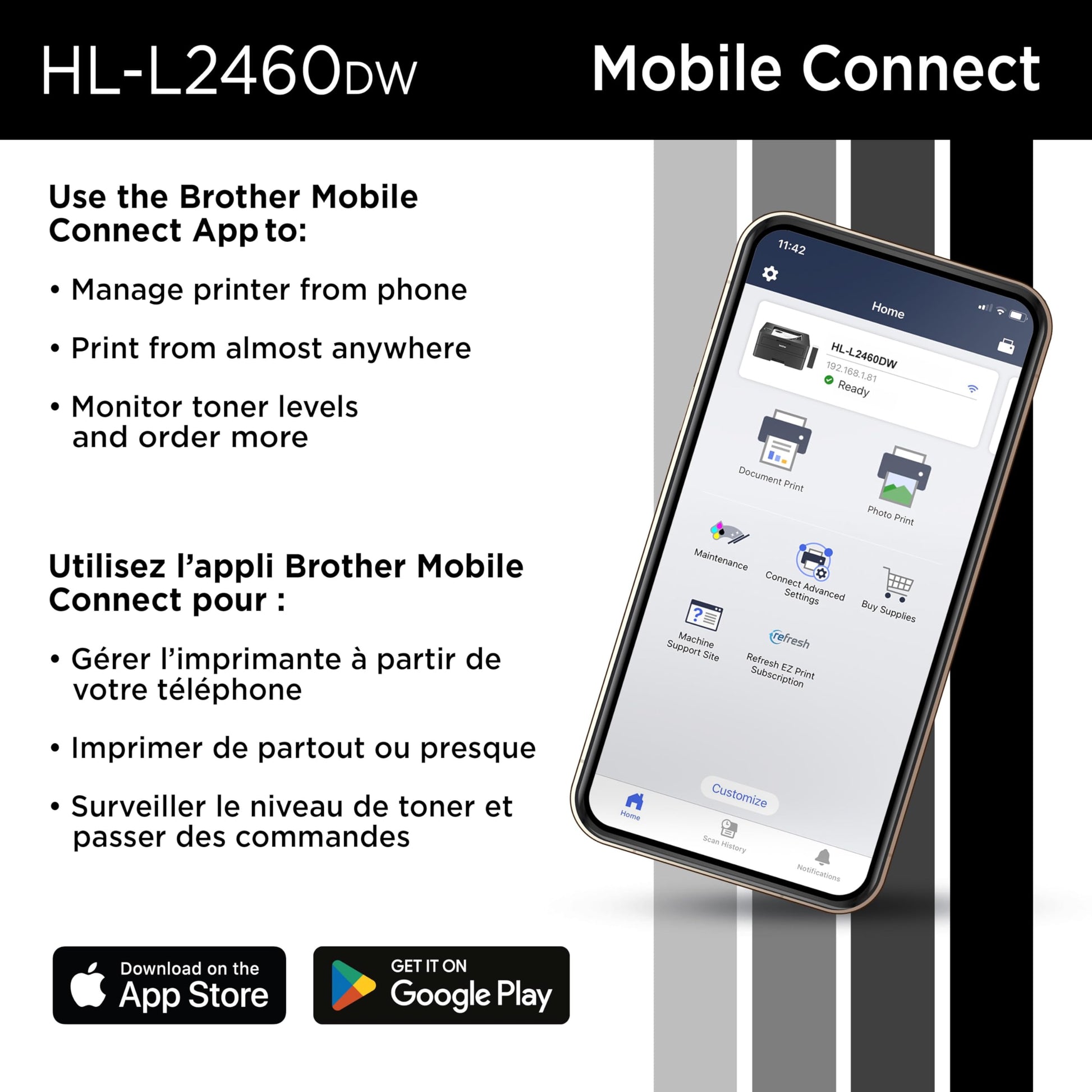 Brother HL-L2460DW Wireless Monochrome Laser Printer for Home Office –Duplex on Ink & Toner with a Refresh Subscription - Available at All In One Marketplace Canada