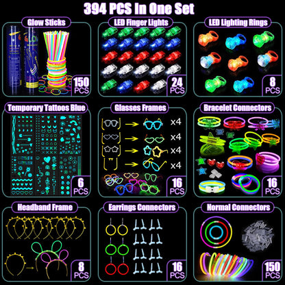 394Pcs Glow Sticks Bulk Party Pack, Halloween Christmas Glow in The Dark Party Favors Kids/Adults - 150 8” Glowsticks Bracelets with Accessories Set, Light Up Rings Finger Lights for Neon Party Decor 🍁 All In One Marketplace Canada