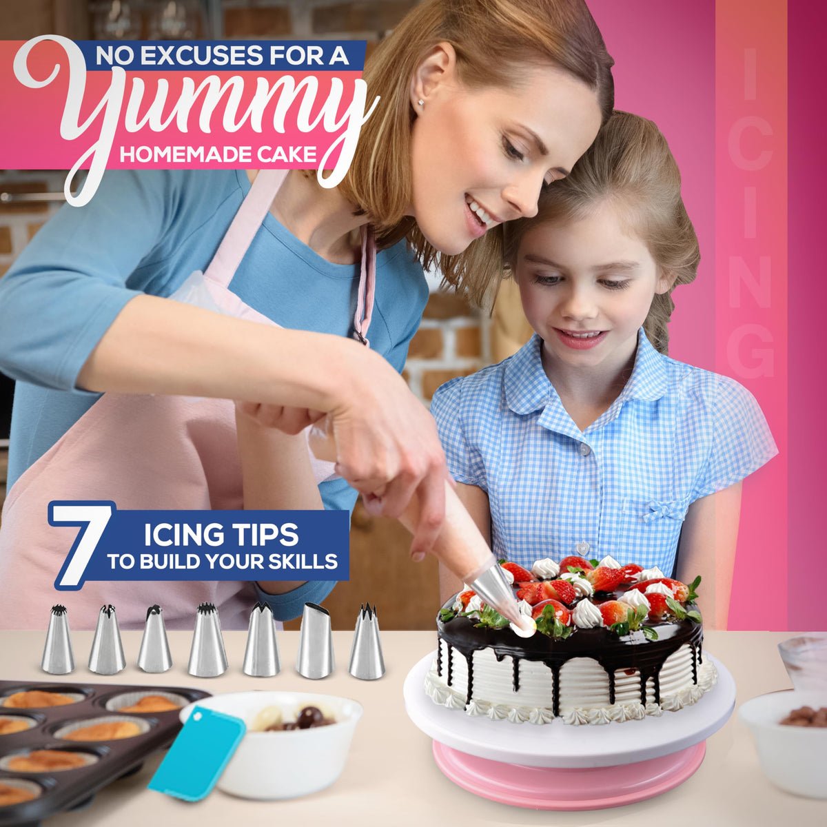 RFAQK 35 PCs Cake Decorating Kit with Cake Turntable -Leveler- Cake Stand with Non slip Base-7 Piping Tips & 20 Bags-Straight & Offset Spatula- Scraper Set-EBook-Cake Decorations & Baking Supplies Set 🍁 All In One Marketplace Canada