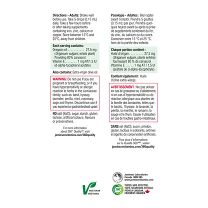 Jamieson Oregano Oil Liquid, with Vitamin E. Supports Immune Health, Antioxidant, Gluten-Free, Lactose-Free, 25 mL, Proudly Canadian