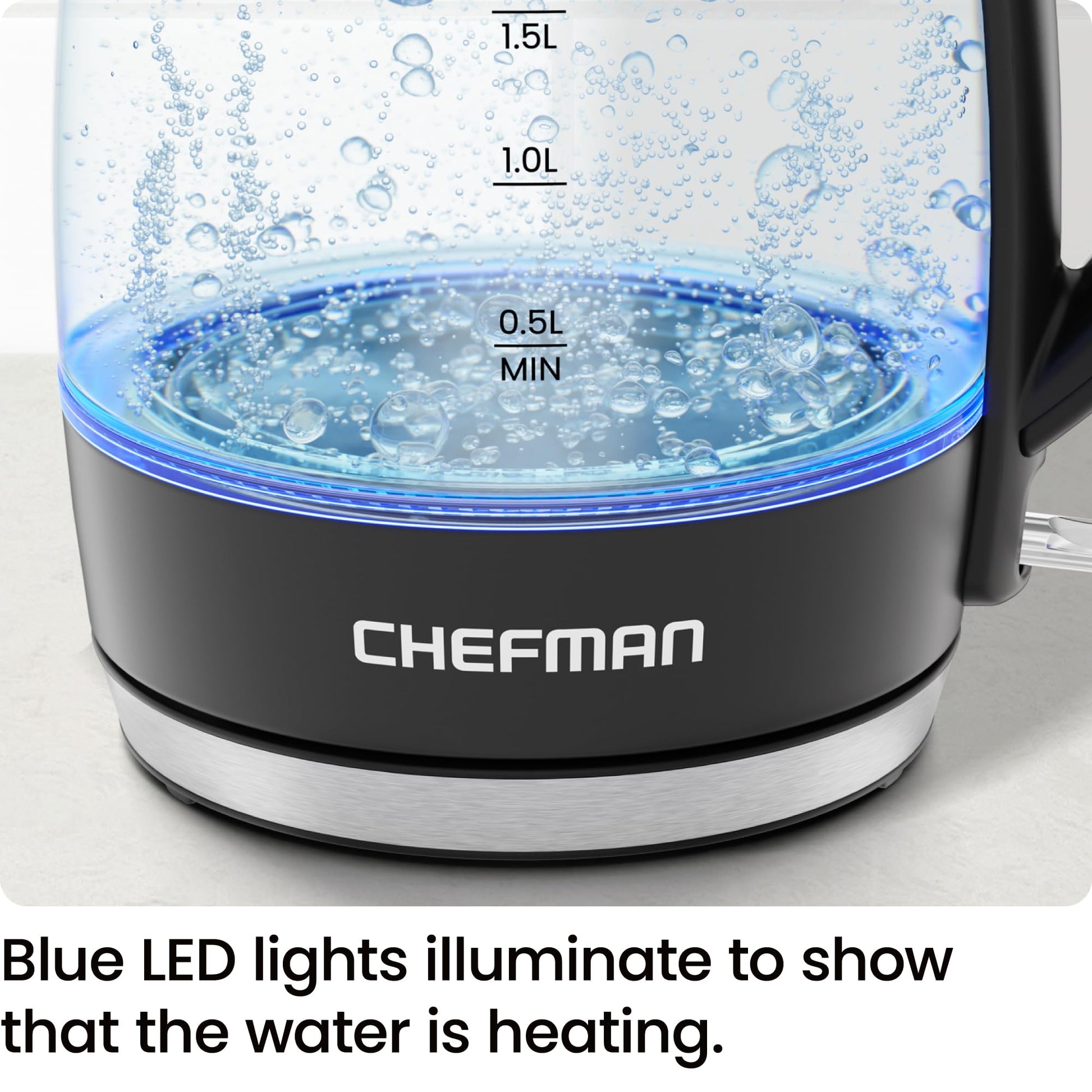 Chefman Electric Kettle, 1.8L 1500W, Hot Water Boiler, Removable Lid for Easy Cleaning, Auto Shut Off, Boil-Dry Protection, Stainless Steel Filter, BPA Free, Borosilicate Glass Electric Tea Kettle - Available at All In One Marketplace Canada