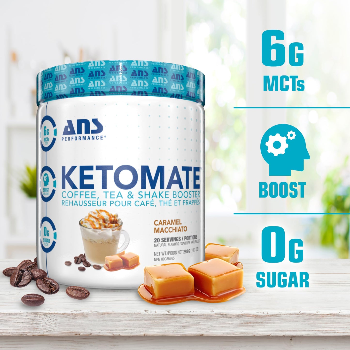 ANS Performance Ketomate Coffee Creamer with MCT Oil Powder – Caramel Macchiato, Sugar-Free, Keto-Friendly Beverage Mix, 20 Servings (293g / 10.3 oz)