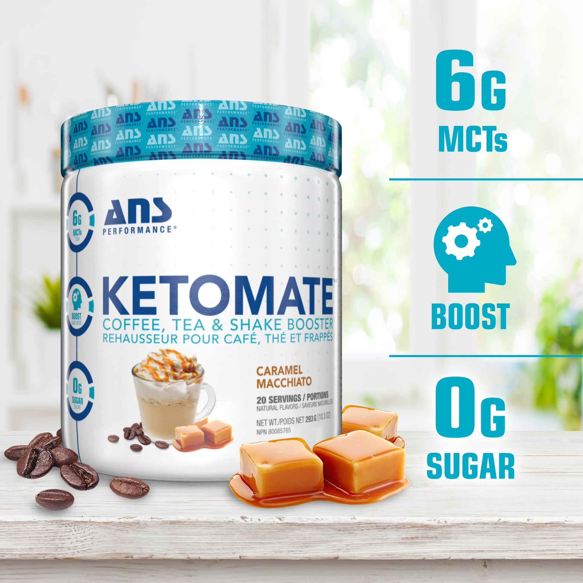 ANS Performance Ketomate Coffee Creamer with MCT Oil Powder – Caramel Macchiato, Sugar-Free, Keto-Friendly Beverage Mix, 20 Servings (293g / 10.3 oz)