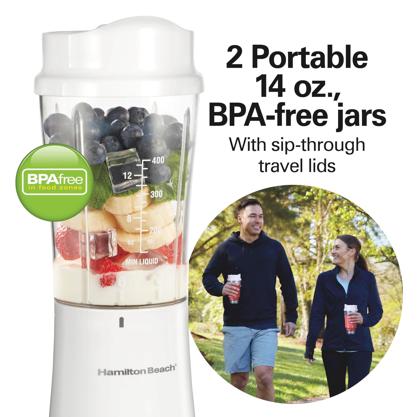 Hamilton Beach Personal Blender for Smoothies & Protein Shakes, Portable Single Serve Blender with 2 Travel Jars & Lids, 14 oz BPA-Free Cups, Stainless Steel Blades, 300W, White, 51102G 🍁 All In One Marketplace Canada