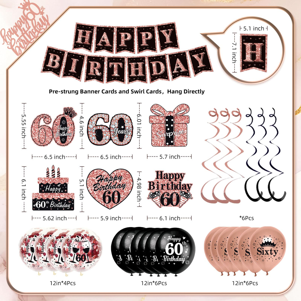 50Pcs 60th Birthday Decorations for Women,Rose Gold Black Pre-Assembled Set 🍁 All In One Marketplace Canada