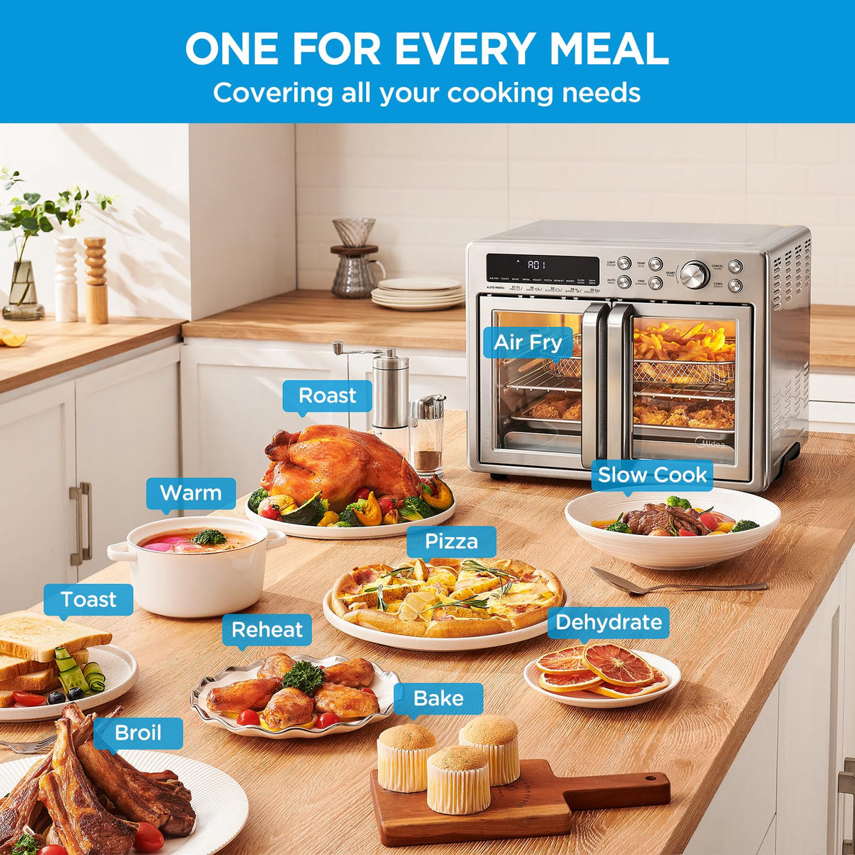 Midea 26.4Qt Air Fryer Toaster Oven, 10-in-1 French Door Combo, 1750W, SS