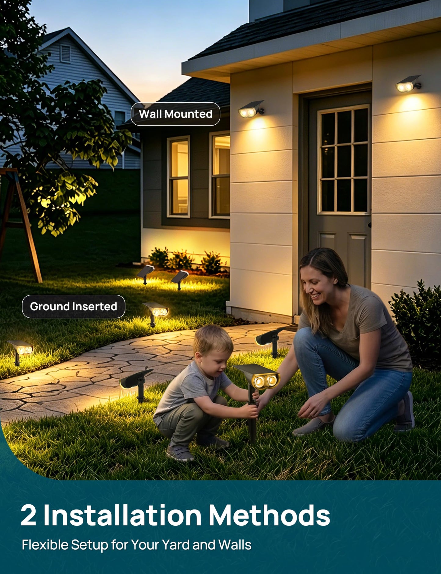 Linkind Solar Lights Outdoor Waterproof IP67, StarRay Dusk-to-Dawn Outdoor Solar Lights, 3 Lighting Modes Solar Spot Lights Outdoor for Garden, Yard, Landscape (Warm White, 4 Pack)