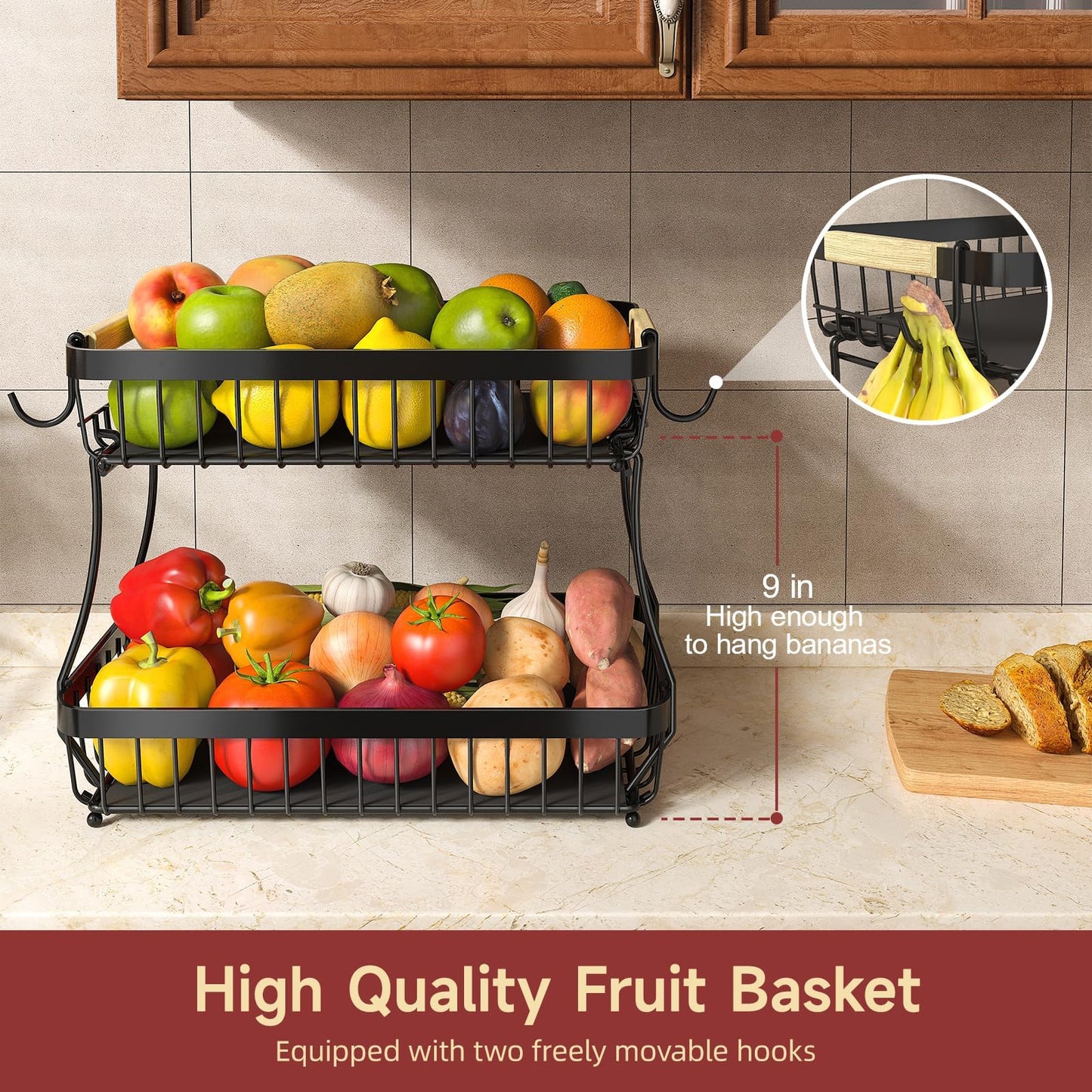 2 Tier Large Fruit Bowl for Kitchen Counter with 2 Banana Holders,2026 Sturdy Metal Fruit Basket with Protective Mats Keeping Fruits Fresh,Kitchen Organizers and Storage for Bread Potato Onion Storage - Available at All In One Marketplace Canada