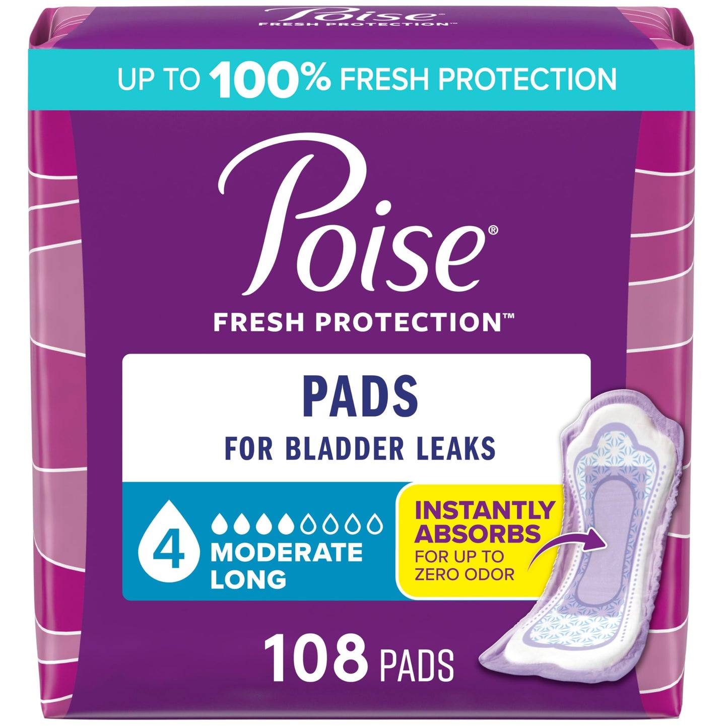 Poise Postpartum Incontinence Pads, Moderate Absorbency, Long, 108 Count (2 Packs of 54)