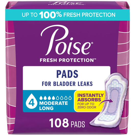 Poise Postpartum Incontinence Pads, Moderate Absorbency, Long, 108 Count (2 Packs of 54)